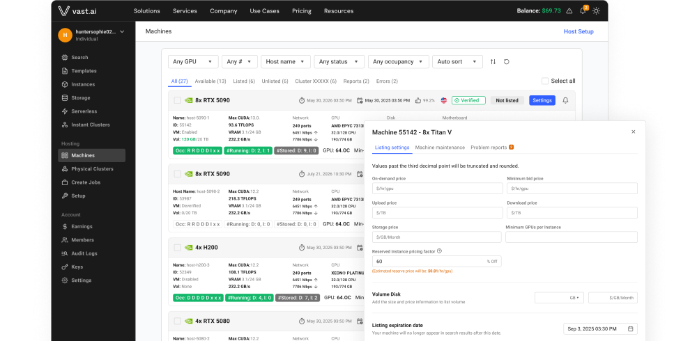 Vast.ai host dashboard showing machine management, pricing configuration, and utilization metrics