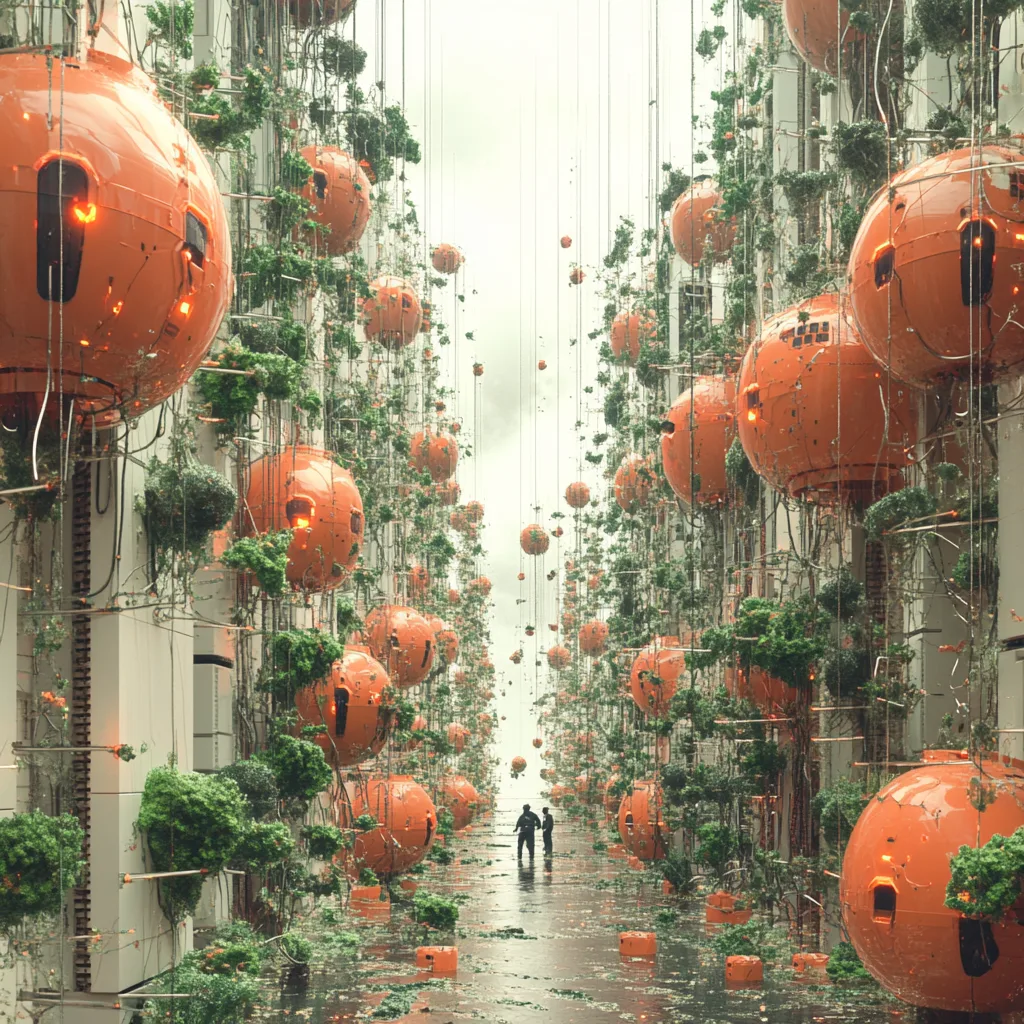 Floating orange cube structure above ocean